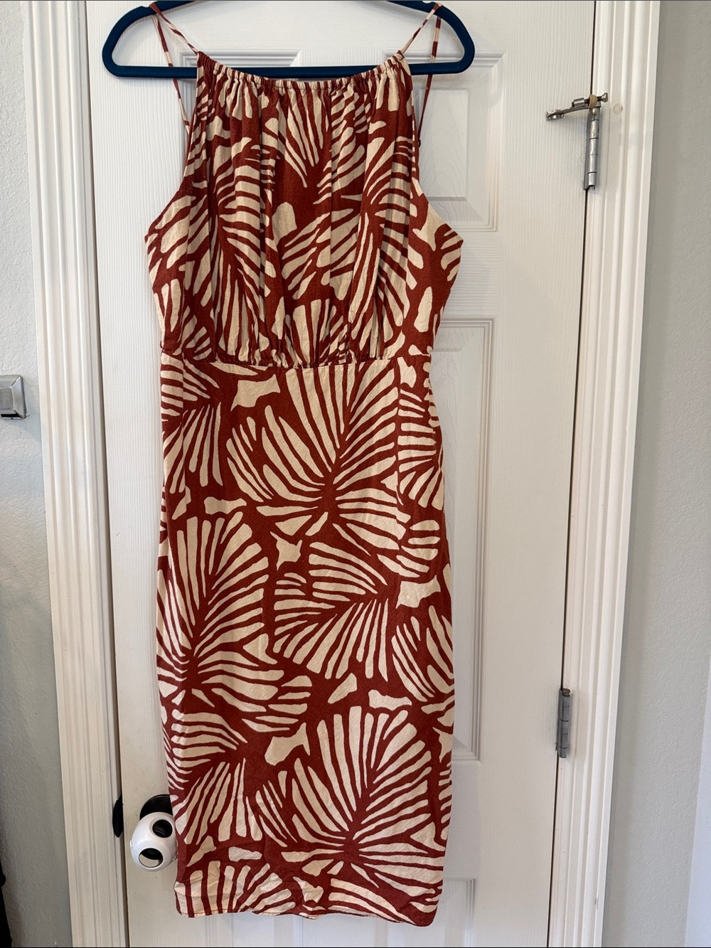 Banana Republic Rust and Cream Linen Blend Tropical-Print Halter Midi Dress